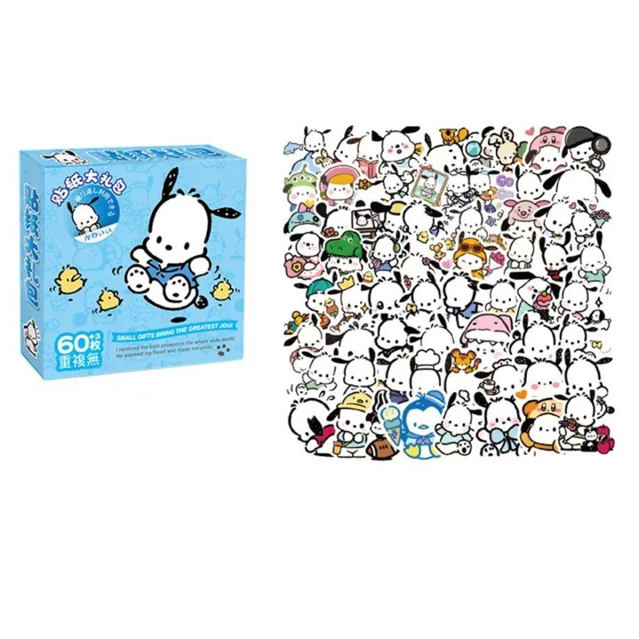 Sada 60 kousků samolepek Sanrio Hello Kitty, Kuromi, Cinnamoroll a Pochacco pro děti