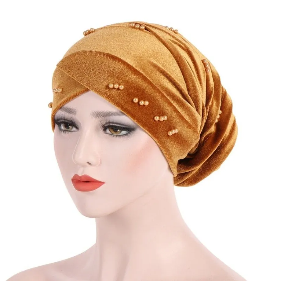 Dámský turban korálky khaki Qiana medena