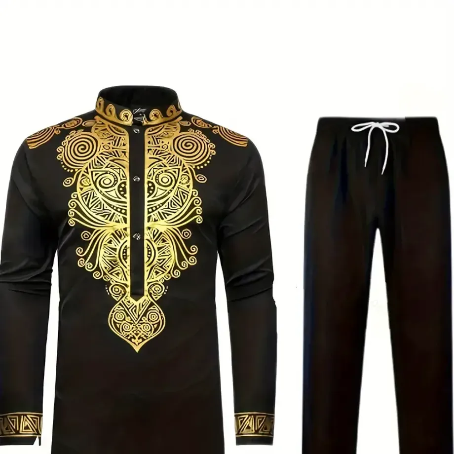 Pánský tradiční africký oblek s motivem Gold Dashiki