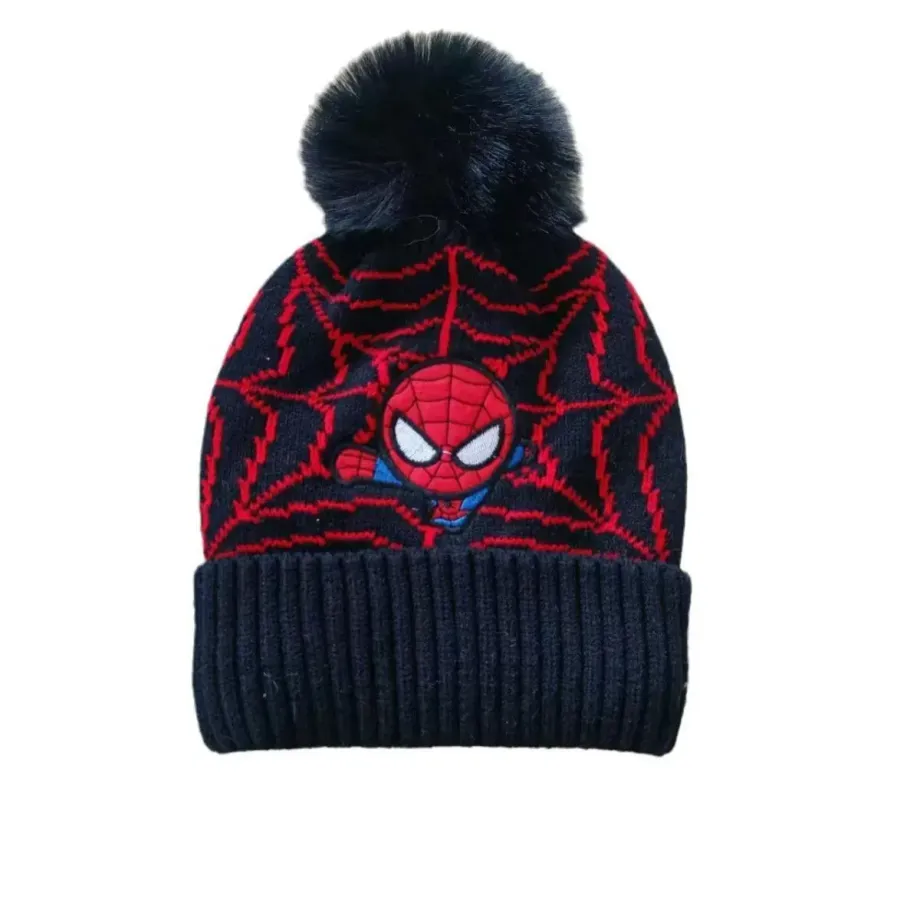 Dětská čepice s bambulkou a nášivkou Spider-man