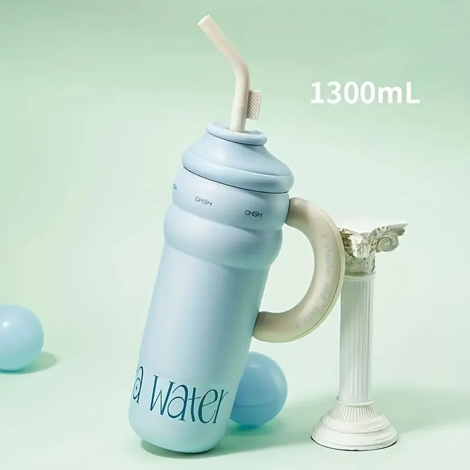 1ks 1300ml/43,95oz Nerezová Láhev Na Vodu Se Slámou, Dvoustěnná Nepropustná Sklenice S Rukojetí, Vhodná Pro Outdoorové Aktivity, Fitness, Cestování