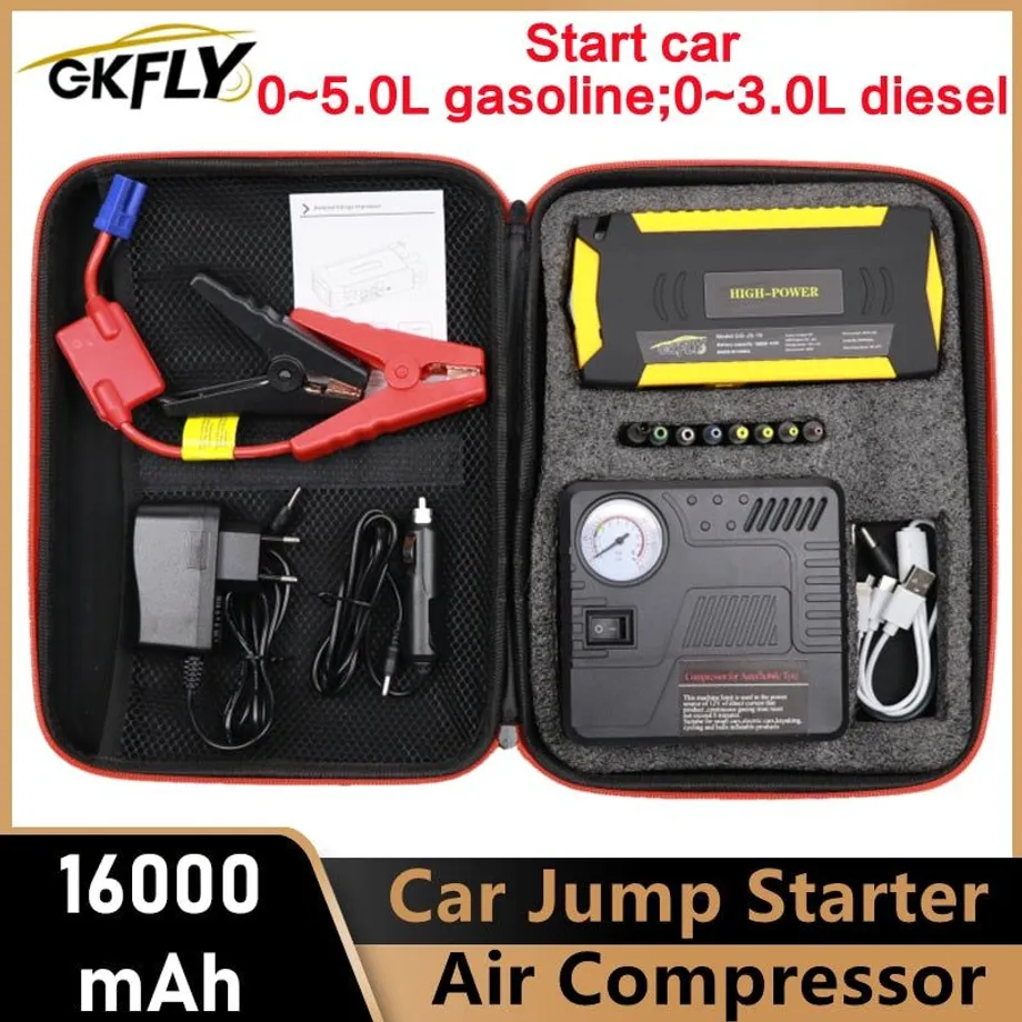 GKFLY Super Power Startovací zařízení 12V 600A Auto Jump Starter Vzduchové čerpadlo Kompresor pro benzín Diesel Autobaterie Booster