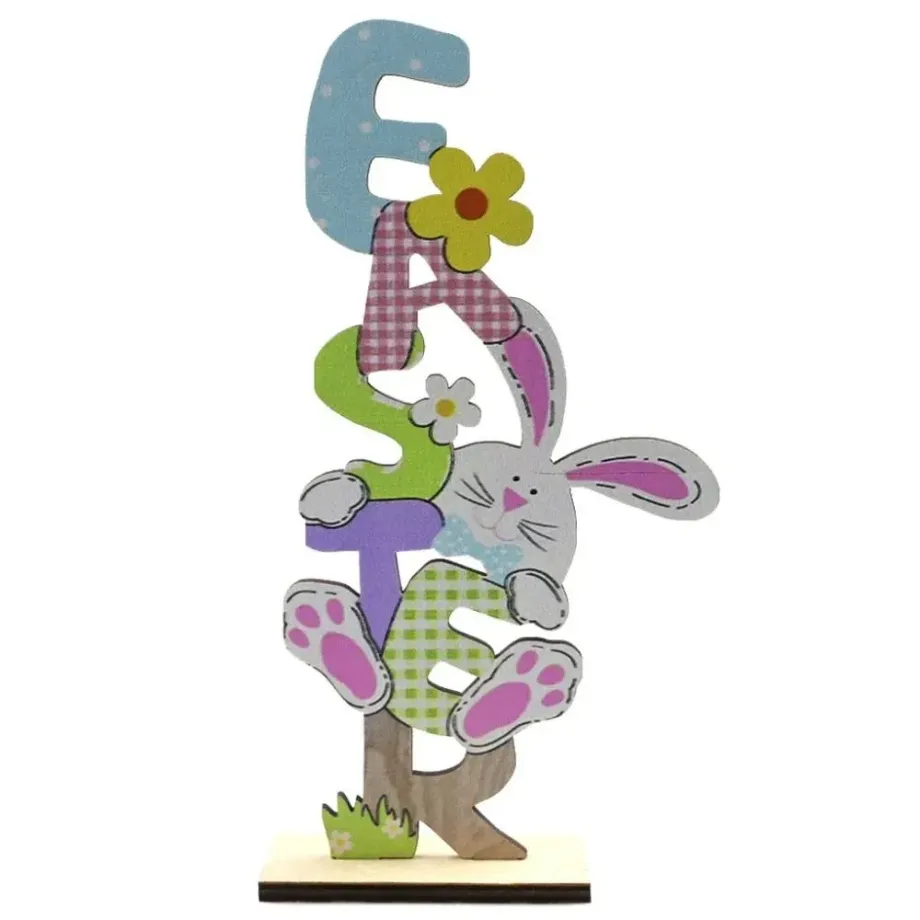 Dřevěný velikonoční dekorační štítek s králíkem a květinou