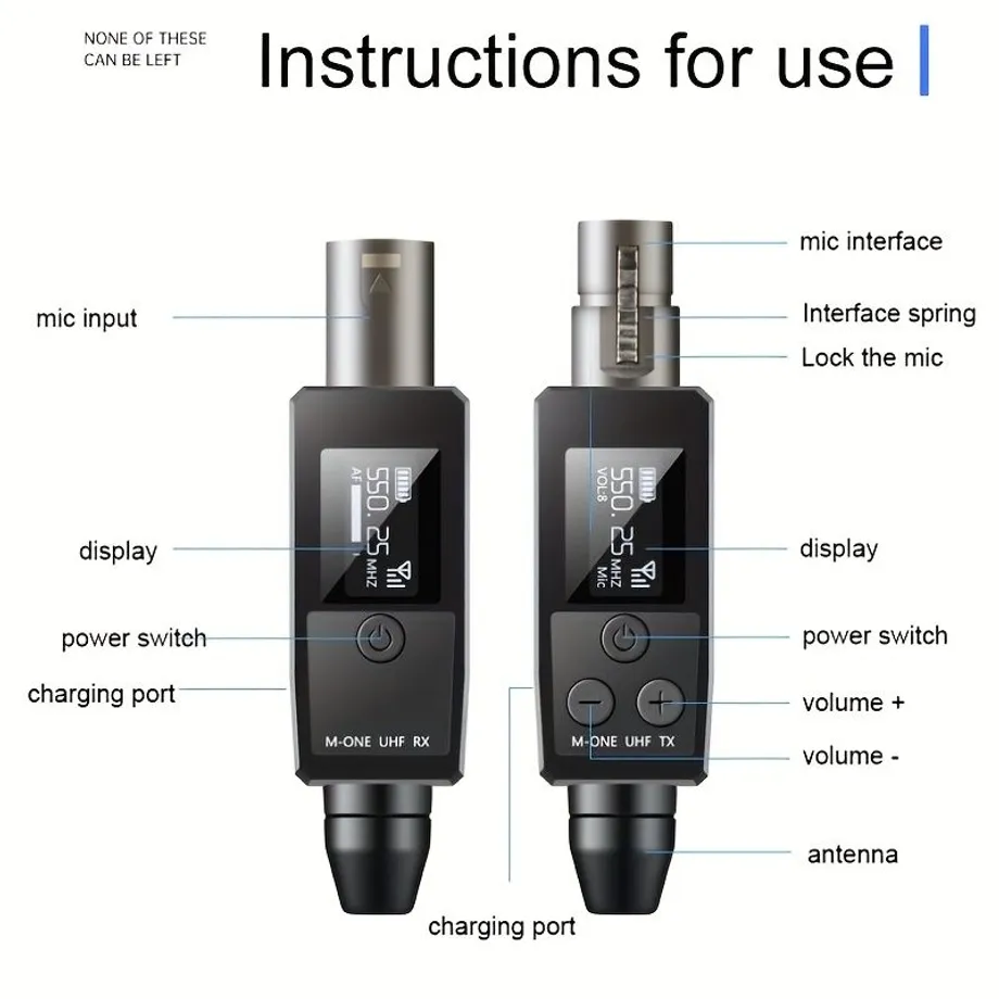 Originál: Bezdrátový mikrofonní systém - vysílač a přijímač s konektorem XLR, vhodný pro kondenzátorové mikrofony 48V, dynamické mikrofony, mixážní pult a kytarový zesilovač.