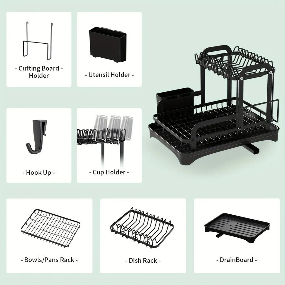 2patrový sušák na nádobí s odkapovou miskou a držáky na náčiní