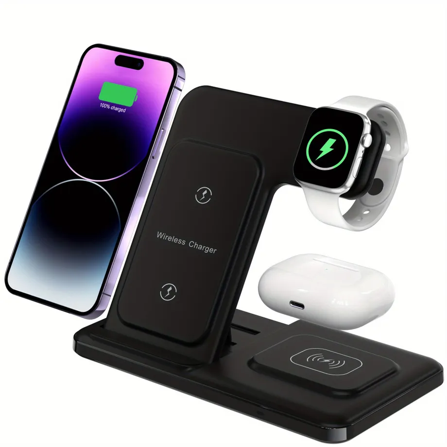 Bezdrátová nabíjecí stanice 3v1, skládací, pro iPhone 14, 13, 12, 11, X, XR, XS, SE, 8, Apple Watch 1-8 a AirPods 3, 2, Pro