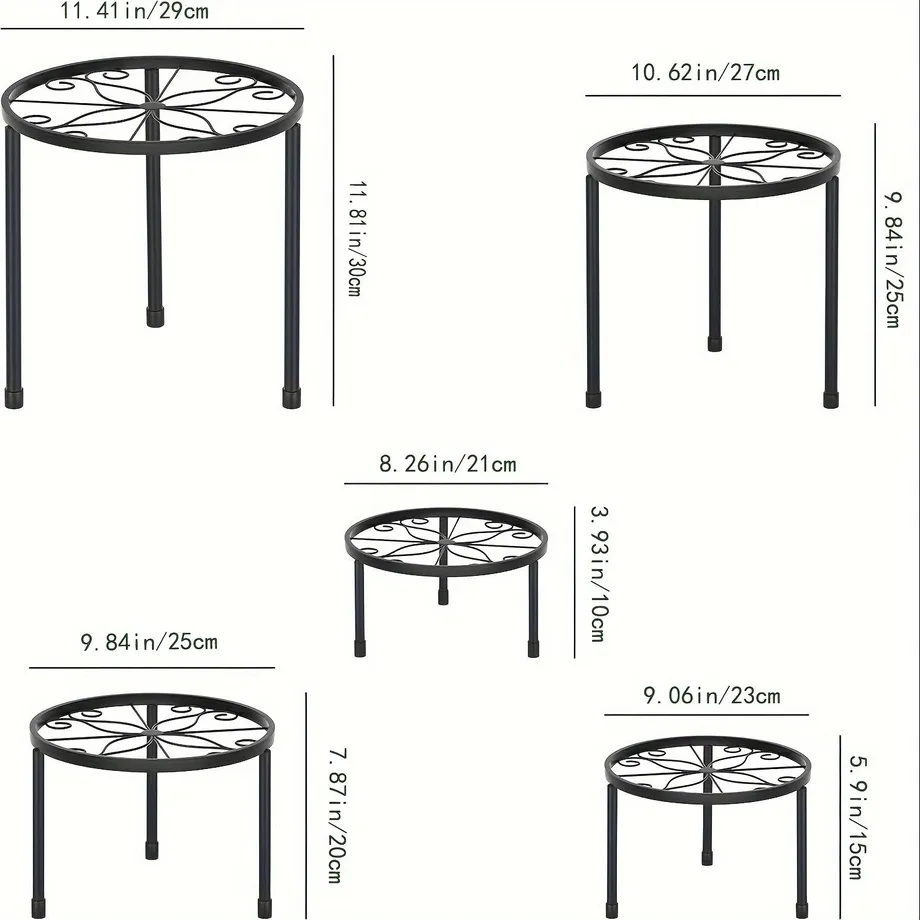 Moderní sada 5 odolných železných stojanů na rostliny v různých velikostech pro vnitřní a venkovní umístění