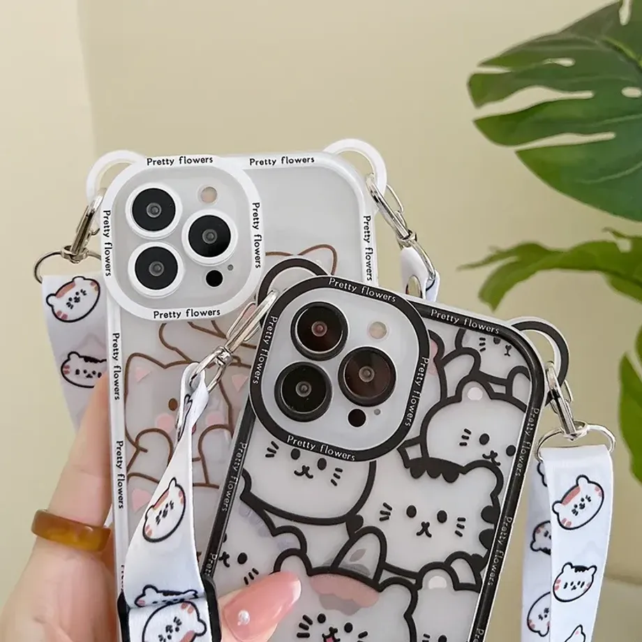 Silikonové transparentní pouzdro na telefony iPhone s motivy Cute Bear a popruhem na krk