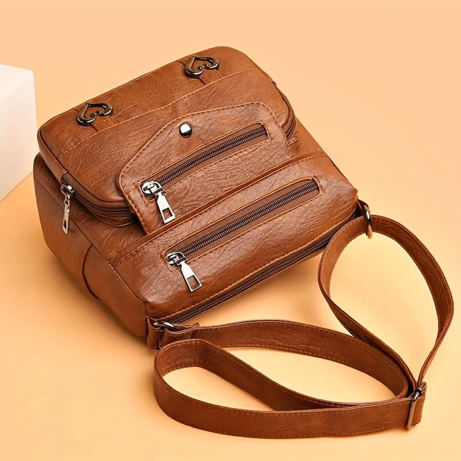 Vintage crossbody kabelka z PU kůže s více kapsami - dámská příležitostná kabelka