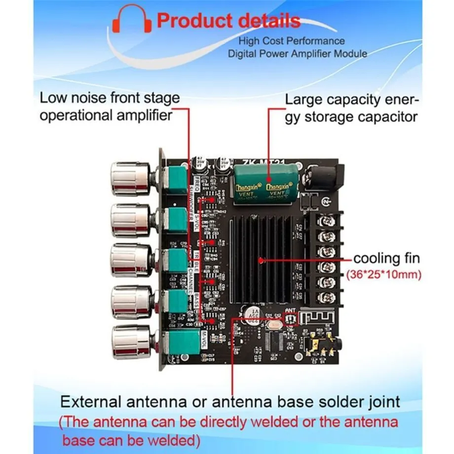 ZK-MT21 Výkonný digitální audio zesilovač pro 2.1 kanály