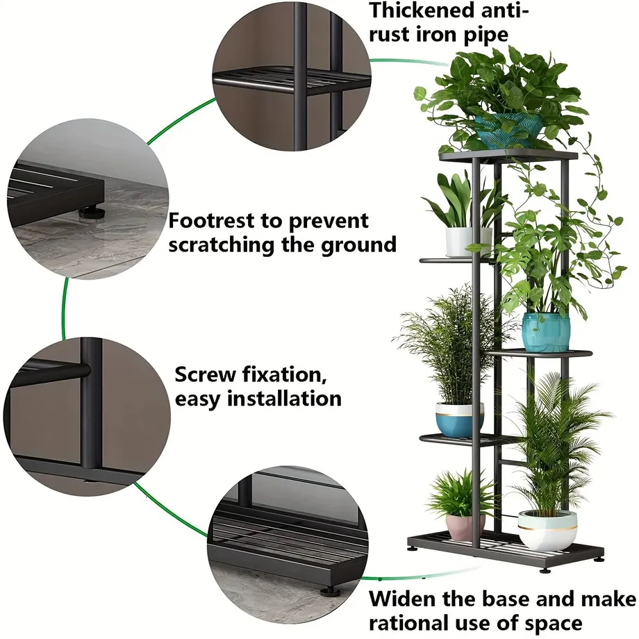 5patrový kovový stojan na květiny se 6 policemi - vnitřní/venkovní zahradní regál na květináče