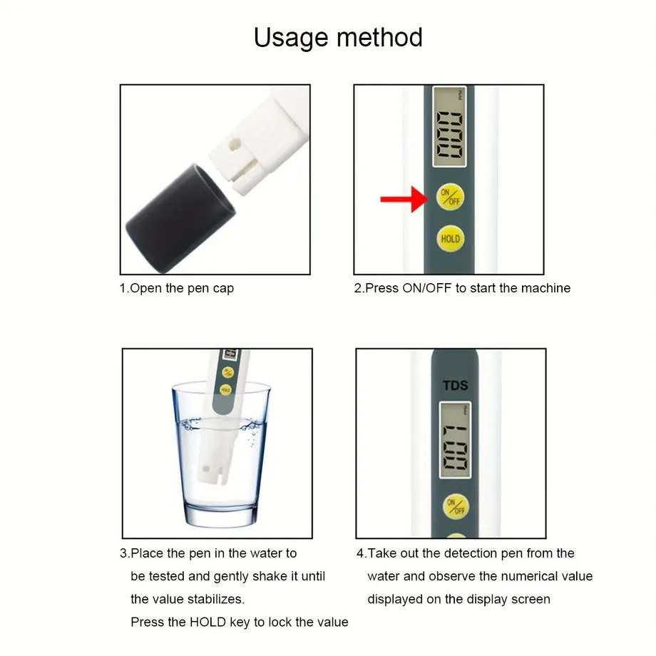 Kompaktní měřič TDS - tester pitné vody 0-9990ppm, přenosný analyzátor kvality vody