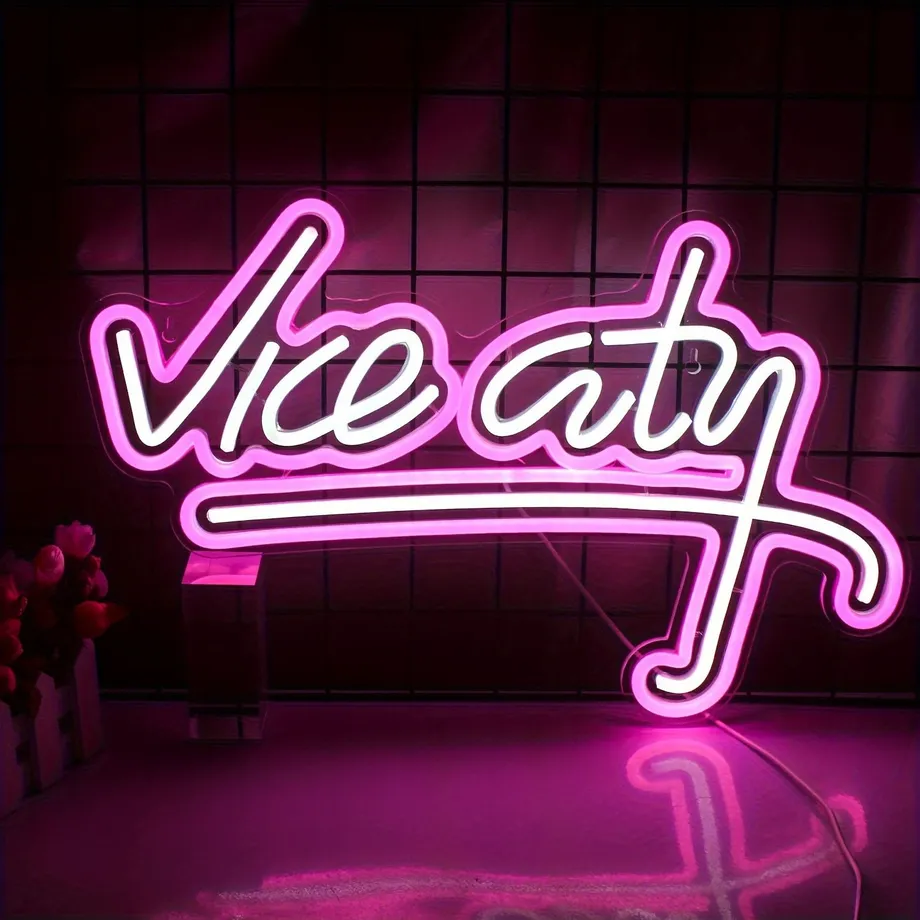 1ks Vice City Růžový Neonový Nápis, LED Neonová Světla Vice City Nápis Do Ložnice, Písmena Herní Místnost S Napájením Z USB Neonové Světlo, Vnitřní Domácí Pasáž Obchod Nástěnné Závěsné Lampy, Na Vánoce Valentýn Nový Rok Dekor