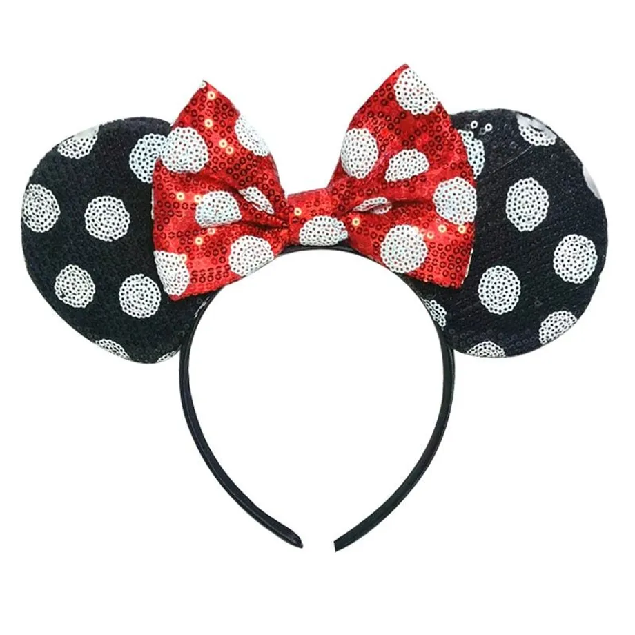 Dětská trendy flitrovaná čelenka s oušky v motivech Mickey a Minnie Mouse