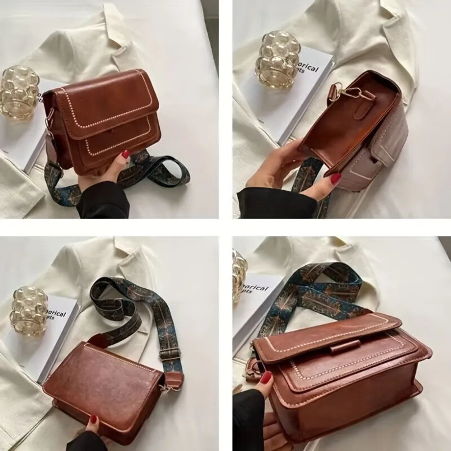 Nádherná vintage crossbody kabelka se čtvercovým tvarem a retro PU klopou - ideální na rameno