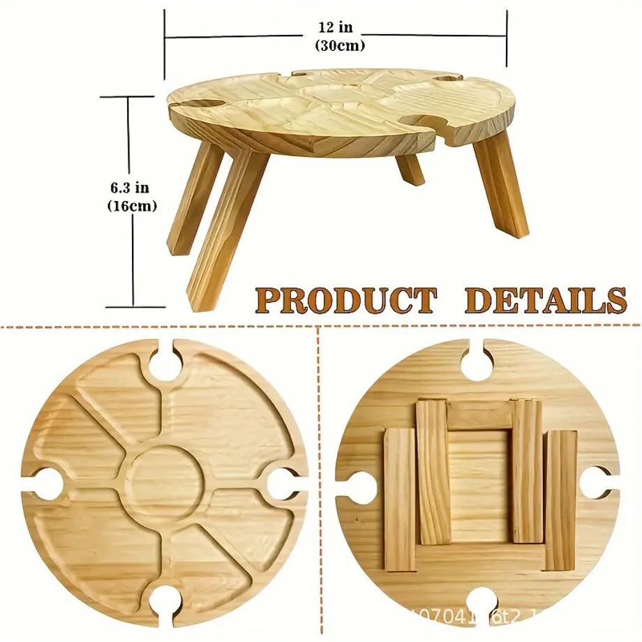 1ks Dřevěný Skládací Piknikový Stůl S Držákem Na Sklenice Na Víno, Přenosný Kreativní Stojan Na Sklenice Na Víno 2 V 1 A Přihrádková Miska Na Sýry A Ovoce, Pro Venkovní Aktivity