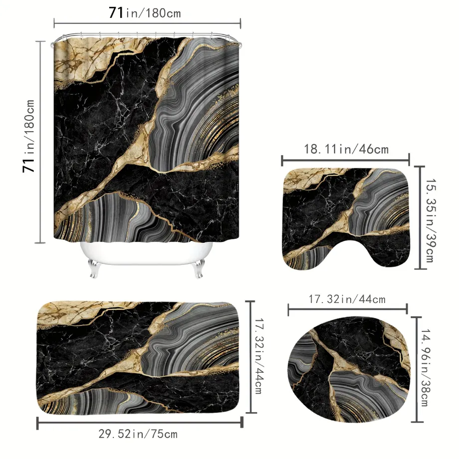 Luxusní koupelnová souprava 4v1 - mramorový vzor, 71 x 71 cm, černá