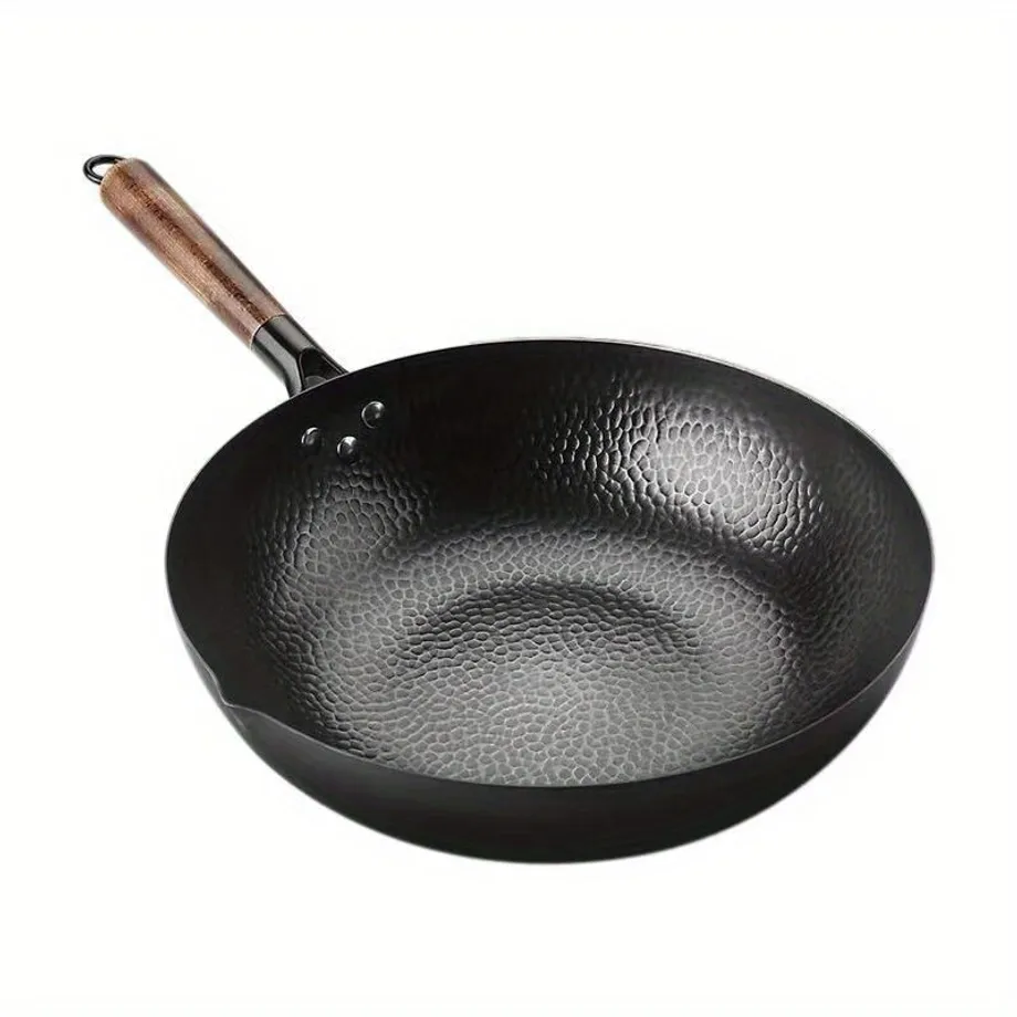 Litinový Wok 32 cm, Pánev Wok na smažení, Univerzální nádobí s plochým dnem na indukci, elektřinu, plyn, halogen, vhodné pro všechny typy sporáků