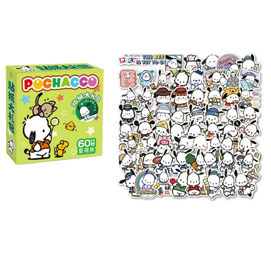 Sada 60 kousků samolepek Sanrio Hello Kitty, Kuromi, Cinnamoroll a Pochacco pro děti