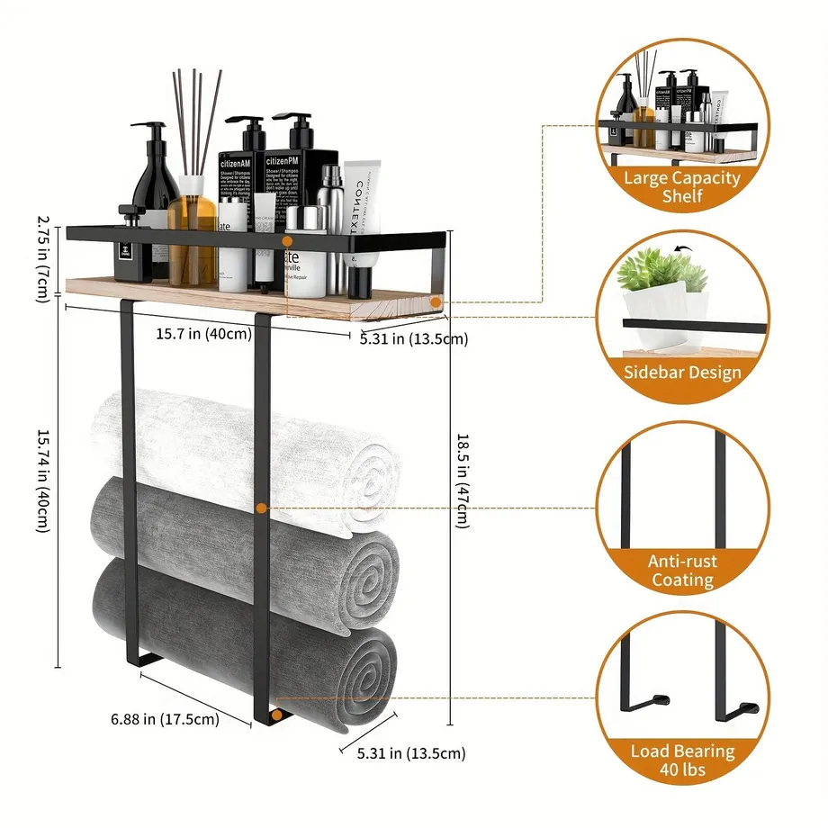 1ks Nástěnný držák na ručníky do koupelny, kovový držák na ručníky s dřevěnou odkládací plochou - Organizér do koupelny, dekorace nebo do karavanu