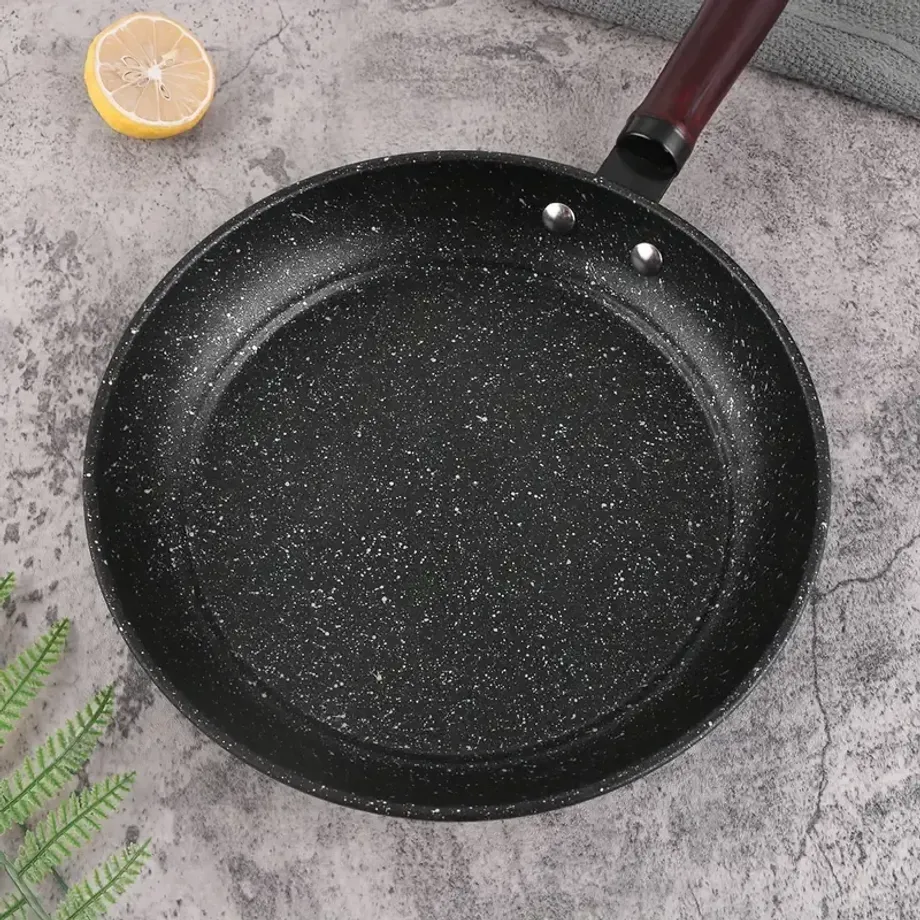 1ks Maifan Stone Nepřilnavý hrnec s dřevěnou rukojetí 24cm/9.45inch, Nepřilnavá pánev Maifan Stone Wok, Pancake Vaječný Steak Hrnec na pizzu, Náčiní na vaření, Gril, Nádobí, Kuchyňské nádobí