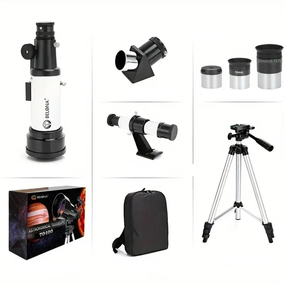 Dalekohled pro dospělé - Astronomický teleskop 70mm, 400mm, AZ montáž, pro začátečníky, pozorování hvězd, refraktor, cestovní teleskop, adaptér na smartphone, bezdrátové dálkové ovládání