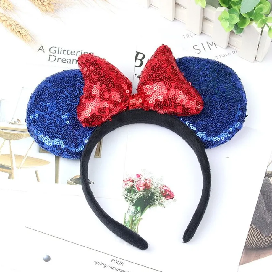 Dětská trendy flitrovaná čelenka s oušky v motivech Mickey a Minnie Mouse