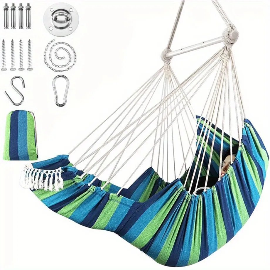 Hammock Chair Hanging Swing Foot Rest Cushions Suspension Included, Collapsible Metal Spreader Bar Pro Trvanlivost Snadné Uložení Měkké Bavlněné Tkaniny Visící Židle Boční Kapsa