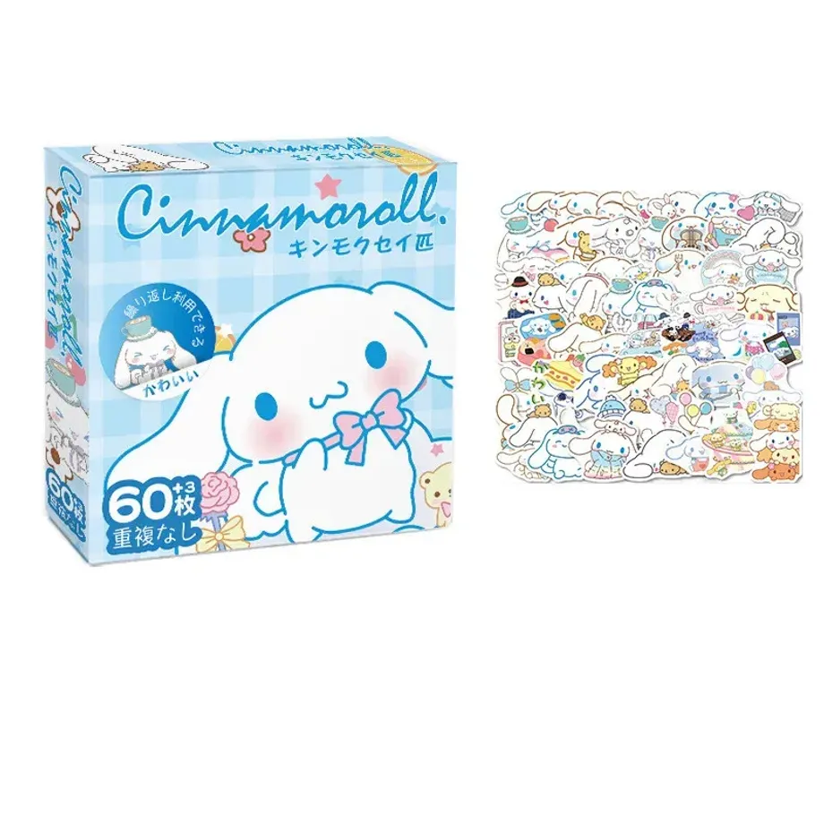 Sada 60 kousků samolepek Sanrio Hello Kitty, Kuromi, Cinnamoroll a Pochacco pro děti