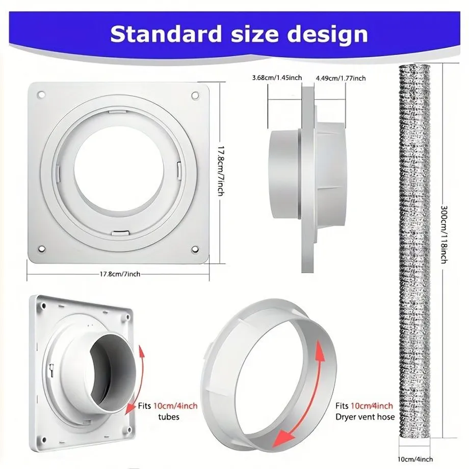 Sada Konektoru Hadice Odvětrávání Sušičky, Nástěnná Deska Větrání Sušičky S Hadicí (10,16 Cm 3,05 Metru), Konektor Kanálu Sušičky S Rychlým Připojením A Odpojením, Plocha Krytu 17,78 Cm X 17,78 Cm, Hodí Se 10,16 Cm, Do Koupelny S Pračkou Se Sušičkou