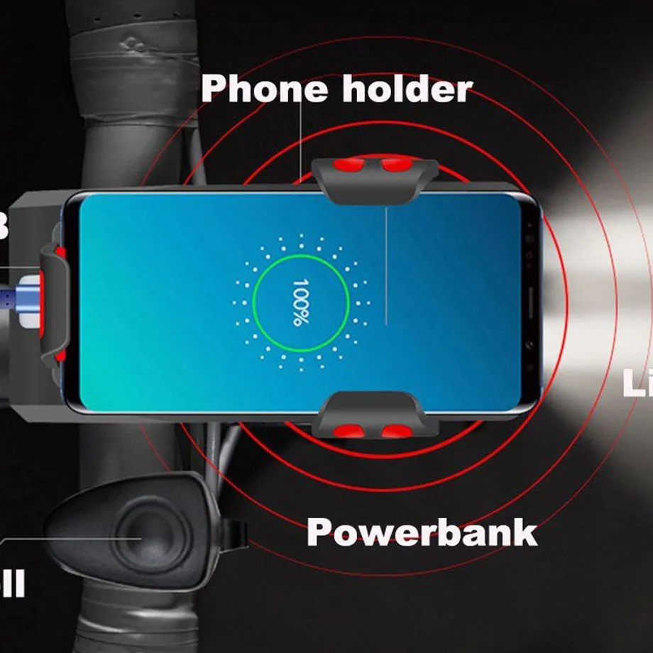 4v1 Držák telefonu, powerbanka, zvonek a světlo na kolo