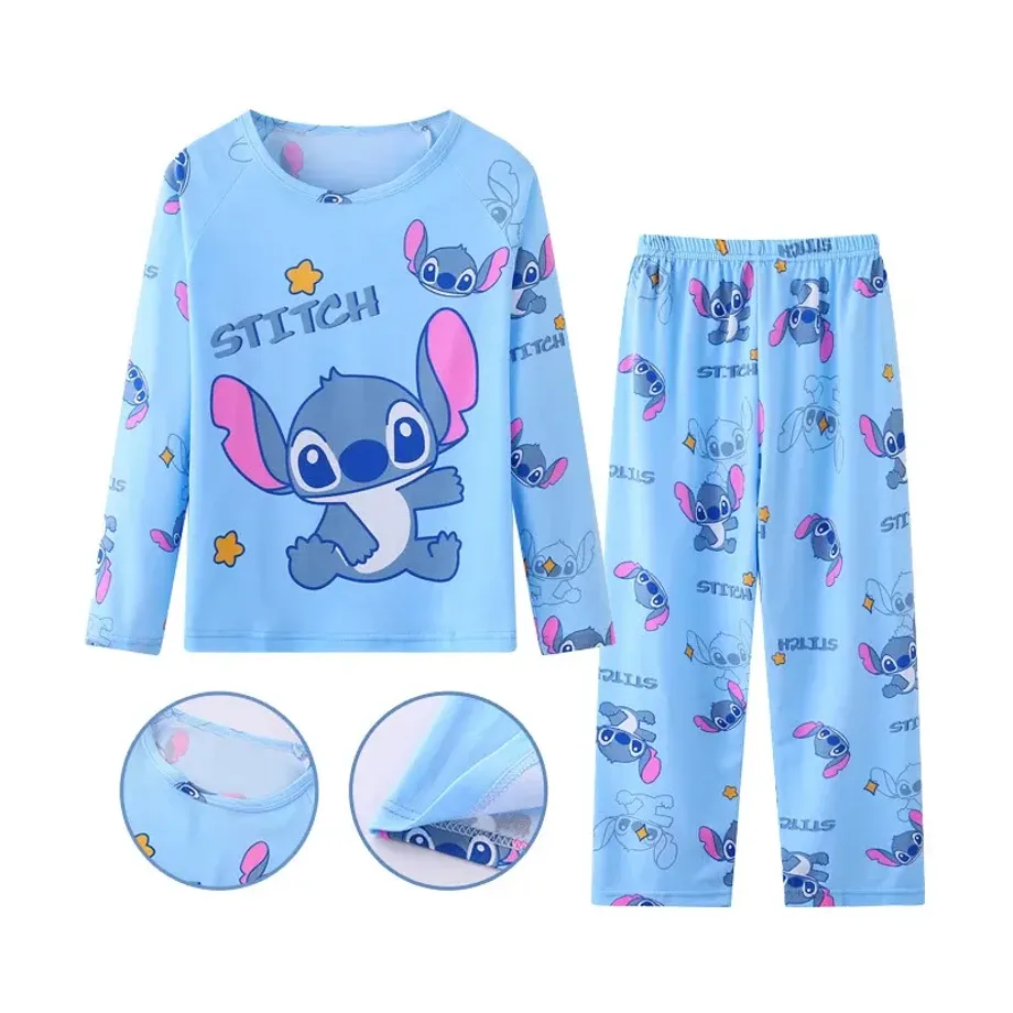 Dětský stylový set pyžama - tričko s dlouhým rukávem a tepláky s motivy oblíbeného Stitch