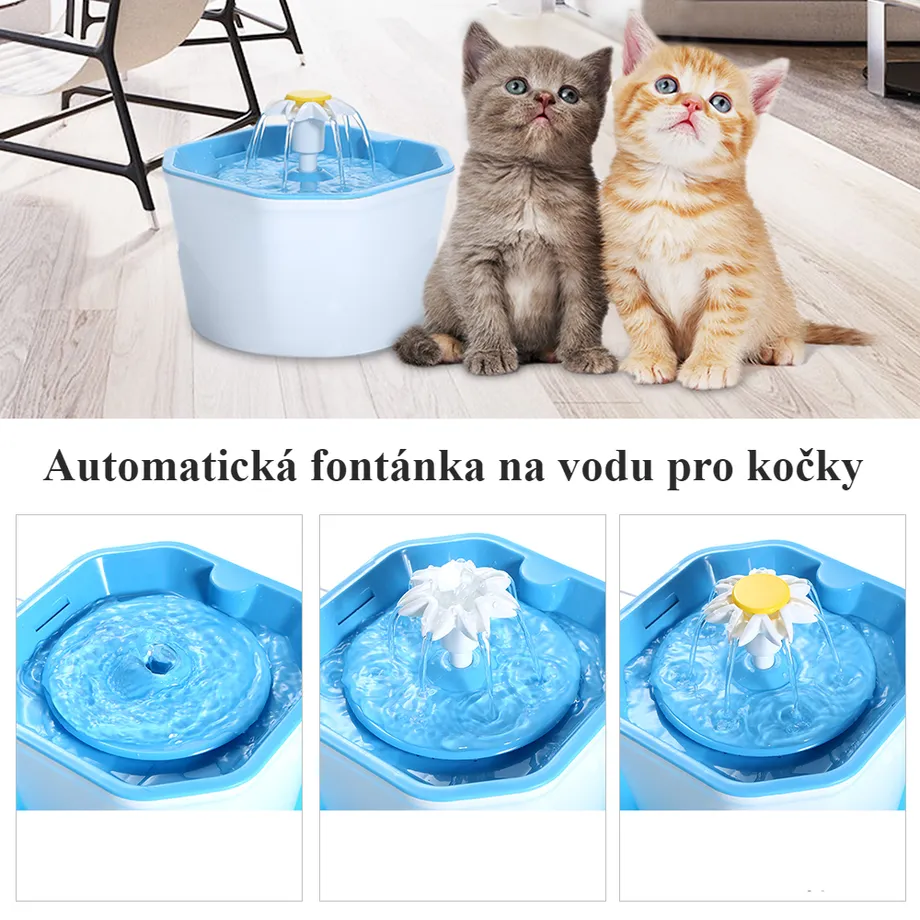 Automatická fontána pro kočky s květinami