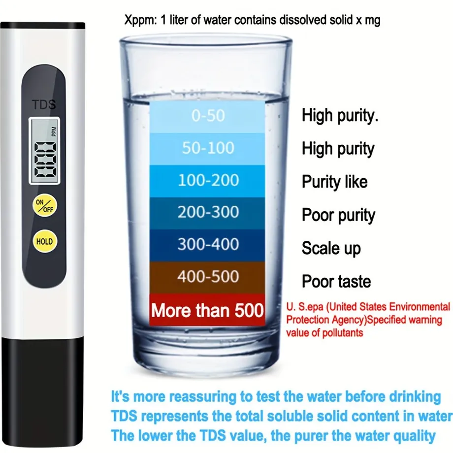 Kompaktní měřič TDS - tester pitné vody 0-9990ppm, přenosný analyzátor kvality vody