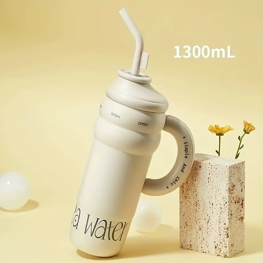 1ks 1300ml/43,95oz Nerezová Láhev Na Vodu Se Slámou, Dvoustěnná Nepropustná Sklenice S Rukojetí, Vhodná Pro Outdoorové Aktivity, Fitness, Cestování