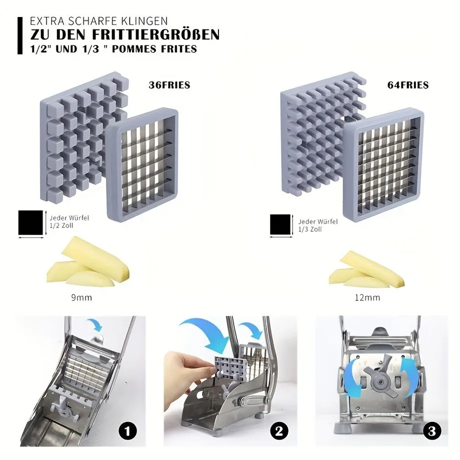 Krátkovač hranolků z nerezové oceli 1 sada, Multifunkční kráječ na hranolky, brambory, zeleninu, s přísavnými patkami - Odolný kráječ na brambory