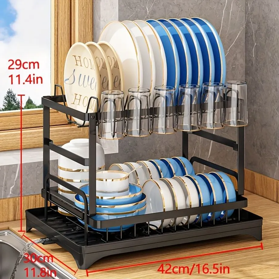 Odkapávací a úložný dvoupatrový stojan na nádobí a talíře, Velkokapacitní kuchyňský odkládací regál, Organizér misky, Držák na nádobí, Sušák na hrníčky, Odkapávací deska, Stojan na příbory, Kuchyňské doplňky