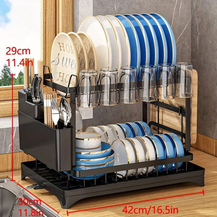 Odkapávací a úložný dvoupatrový stojan na nádobí a talíře, Velkokapacitní kuchyňský odkládací regál, Organizér misky, Držák na nádobí, Sušák na hrníčky, Odkapávací deska, Stojan na příbory, Kuchyňské doplňky