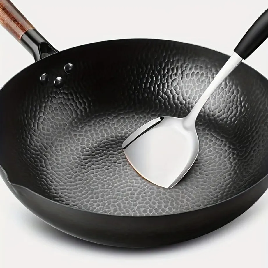 Litinový Wok 32 cm, Pánev Wok na smažení, Univerzální nádobí s plochým dnem na indukci, elektřinu, plyn, halogen, vhodné pro všechny typy sporáků