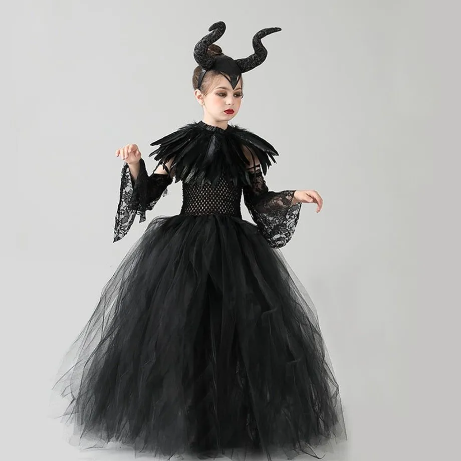 Dívčí Maleficent černý Halloween kostým s péřovou šálou a tutu sukní