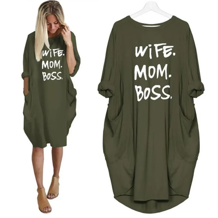 Stylové tričkové šaty WIFE MOM BOSS 5xl army-green