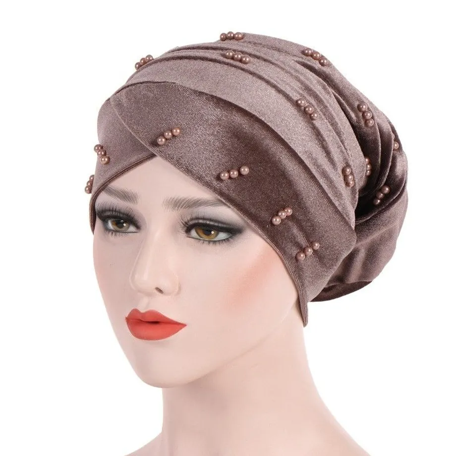 Dámský turban korálky khaki Qiana