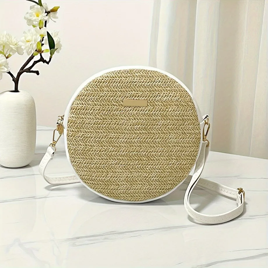 Kulatá slaměná crossbody kabelka, bohemian mini crossbody, módní kruhová kabelka pro ženy na cestování, piknik a pláž