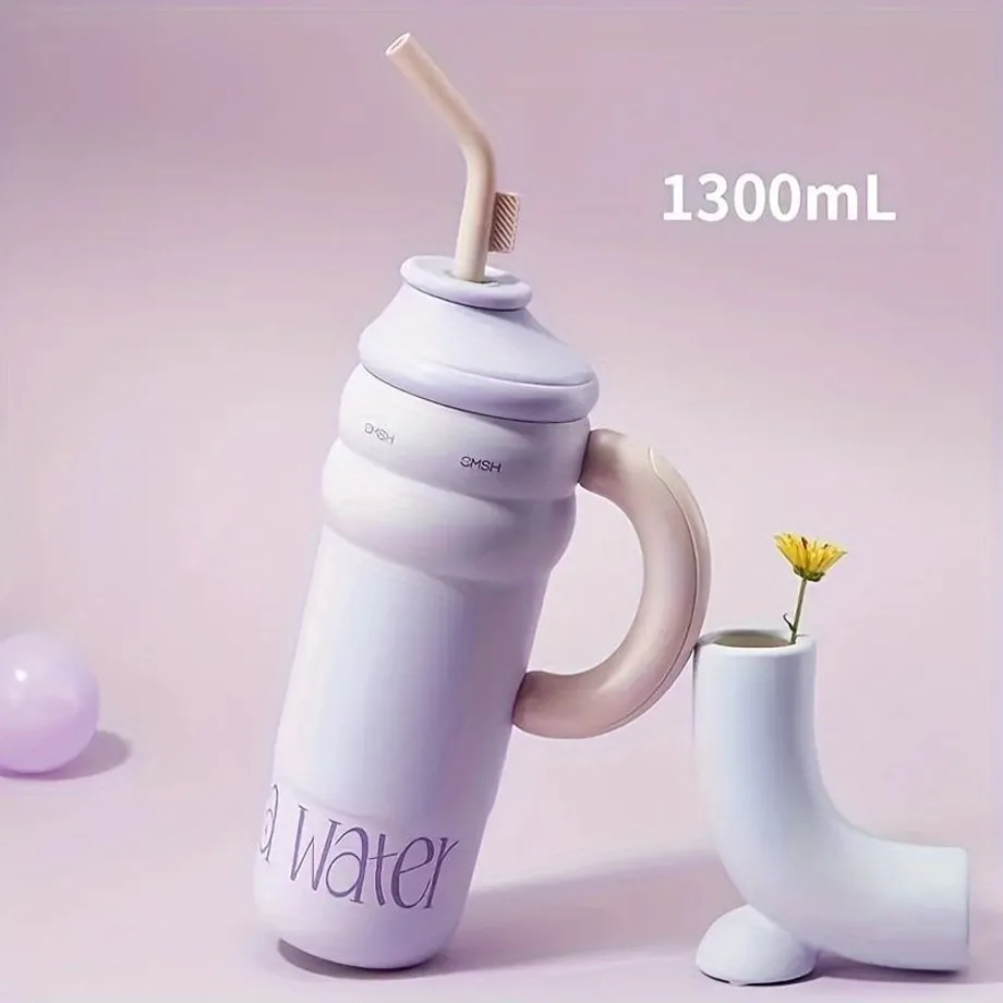 1ks 1300ml/43,95oz Nerezová Láhev Na Vodu Se Slámou, Dvoustěnná Nepropustná Sklenice S Rukojetí, Vhodná Pro Outdoorové Aktivity, Fitness, Cestování