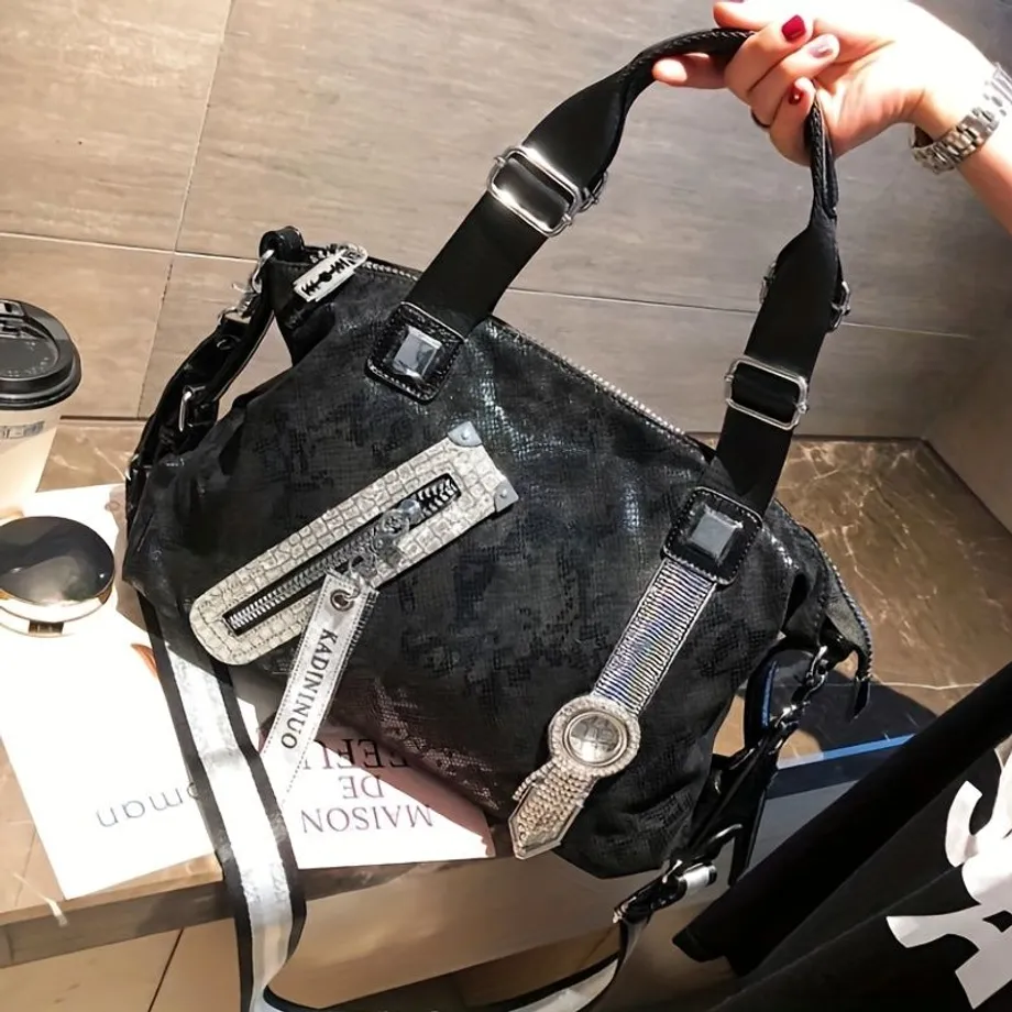 Módní tote taška s ozdobnými kameny, lesklá crossbody kabelka pro ženy, punk kabelka pro streetwear