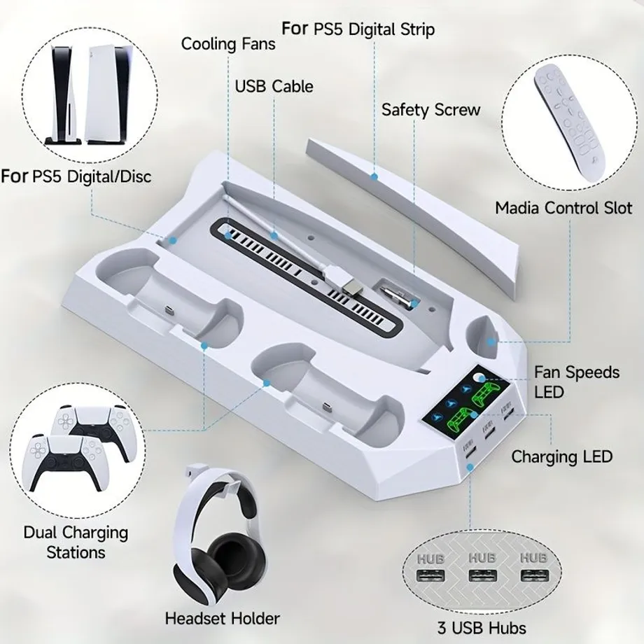 Multifunkční stojan PS5 s chlazením a nabíječkou DualSense