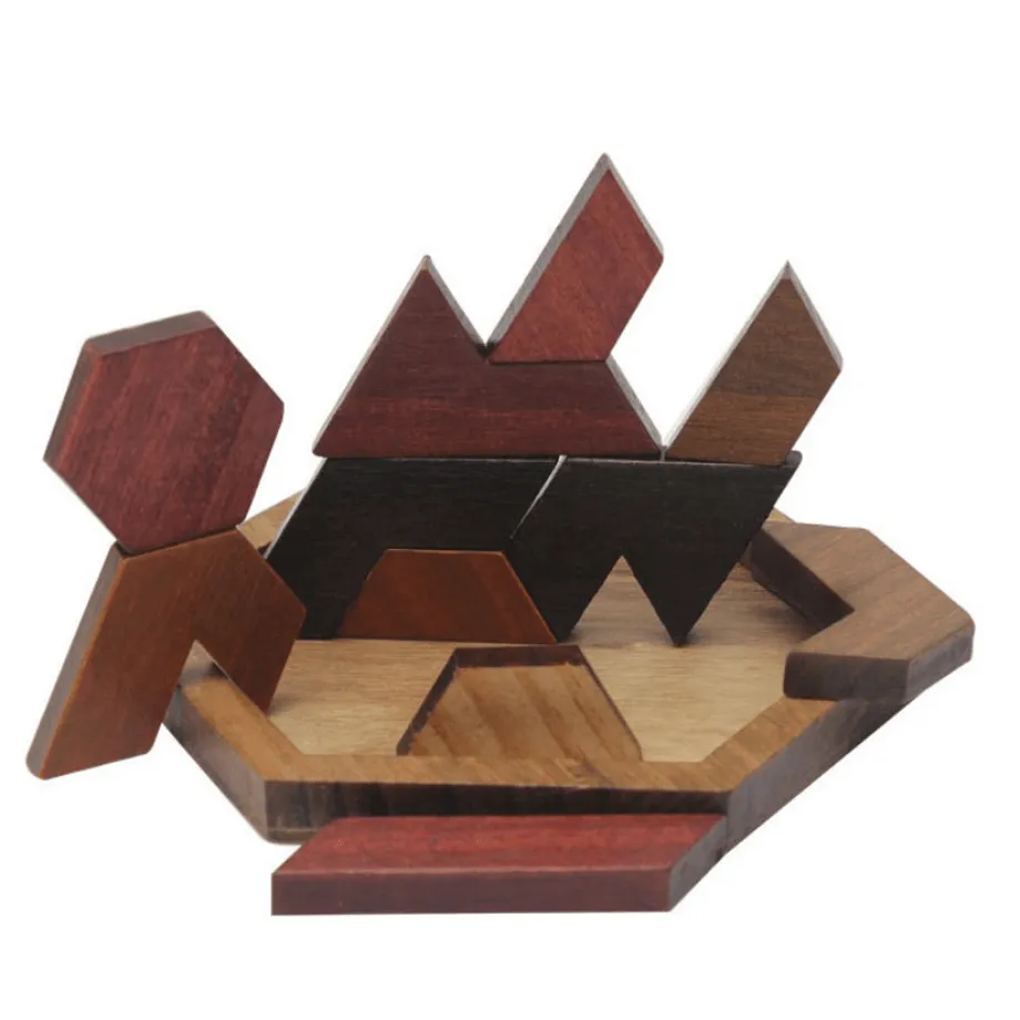 Barevné dřevěné hexagonální geometrické skládačky - Montessori hračky pro rozvoj dětí