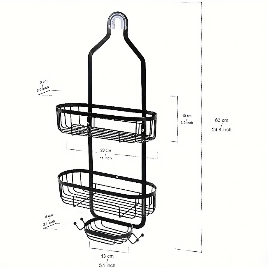 Závěsný organizér do sprchy, Nerezový černý koš na horní polici s háčky na žiletky a houby.