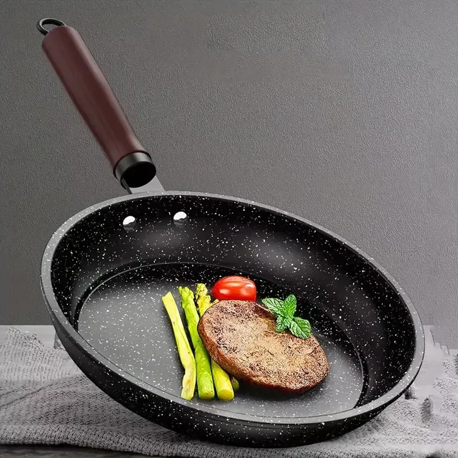 1ks Maifan Stone Nepřilnavý hrnec s dřevěnou rukojetí 24cm/9.45inch, Nepřilnavá pánev Maifan Stone Wok, Pancake Vaječný Steak Hrnec na pizzu, Náčiní na vaření, Gril, Nádobí, Kuchyňské nádobí