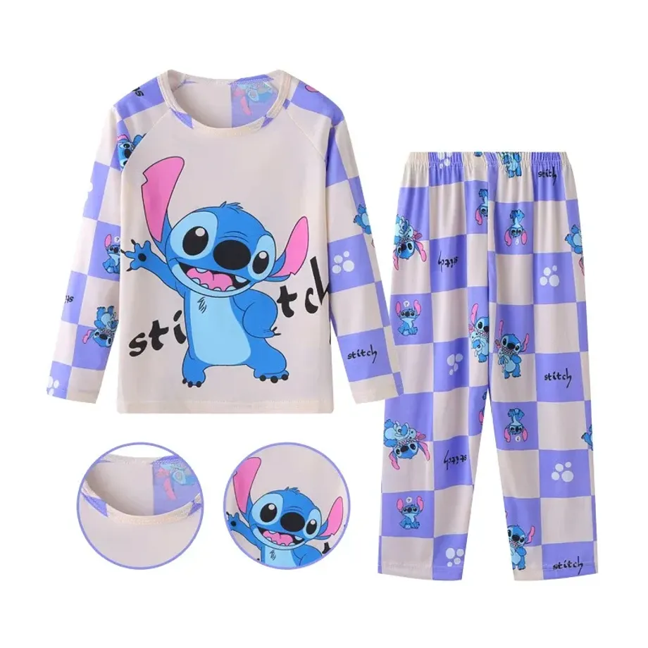 Dětský stylový set pyžama - tričko s dlouhým rukávem a tepláky s motivy oblíbeného Stitch